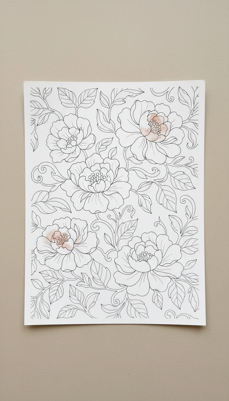 Watercolor Floral Coloring Page on Heavy Stock